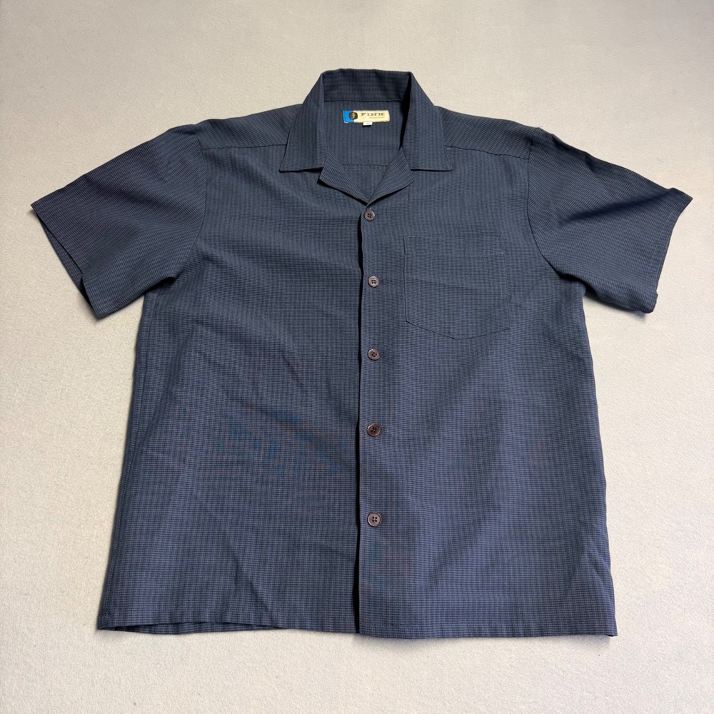 Fink Clothing Mens Medium Navy Blue Textured Short Sleeve Camp Collar Button DWN